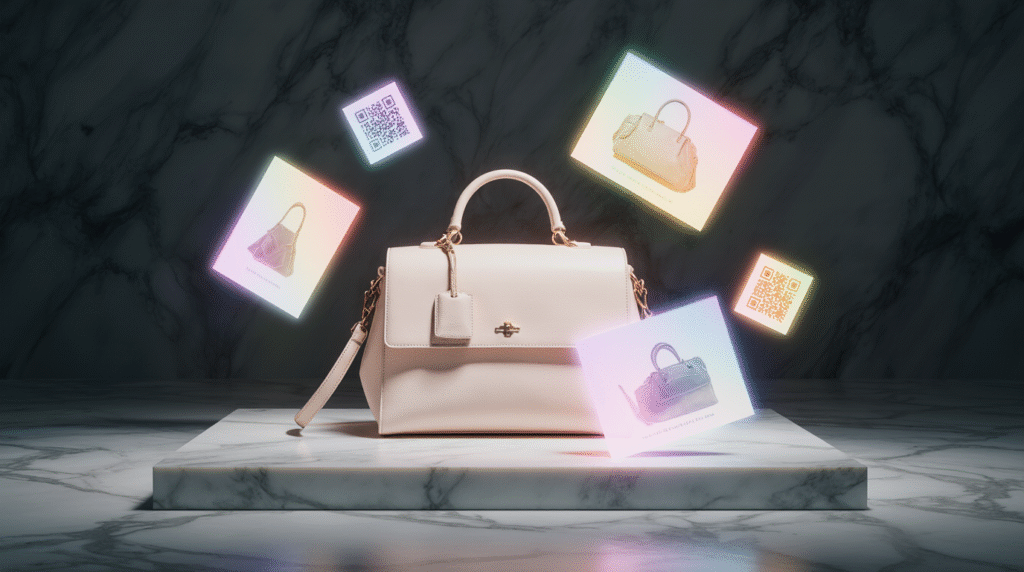 Luxury handbags with NFC QR tags and 3D AR product storytelling
